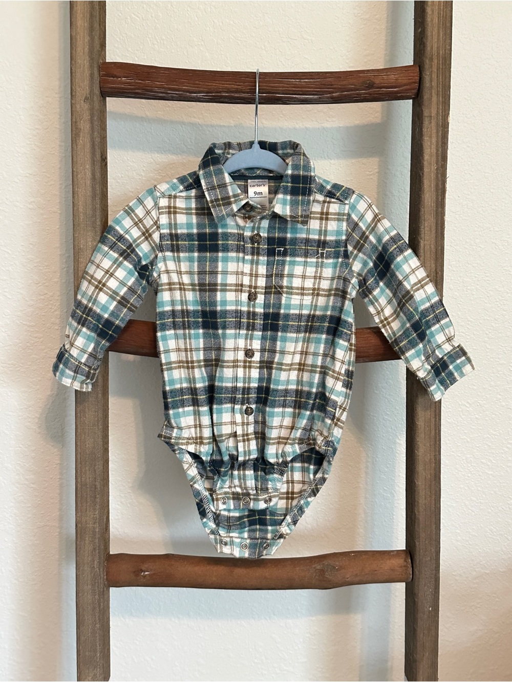 Carters Cotton Plaid Flannel Button-Front One-Piece in Teal & Brown - 9M